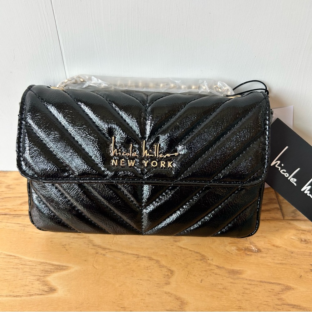 Nicole Miller NWT Black Evening Bag Gold Crossbody Chain